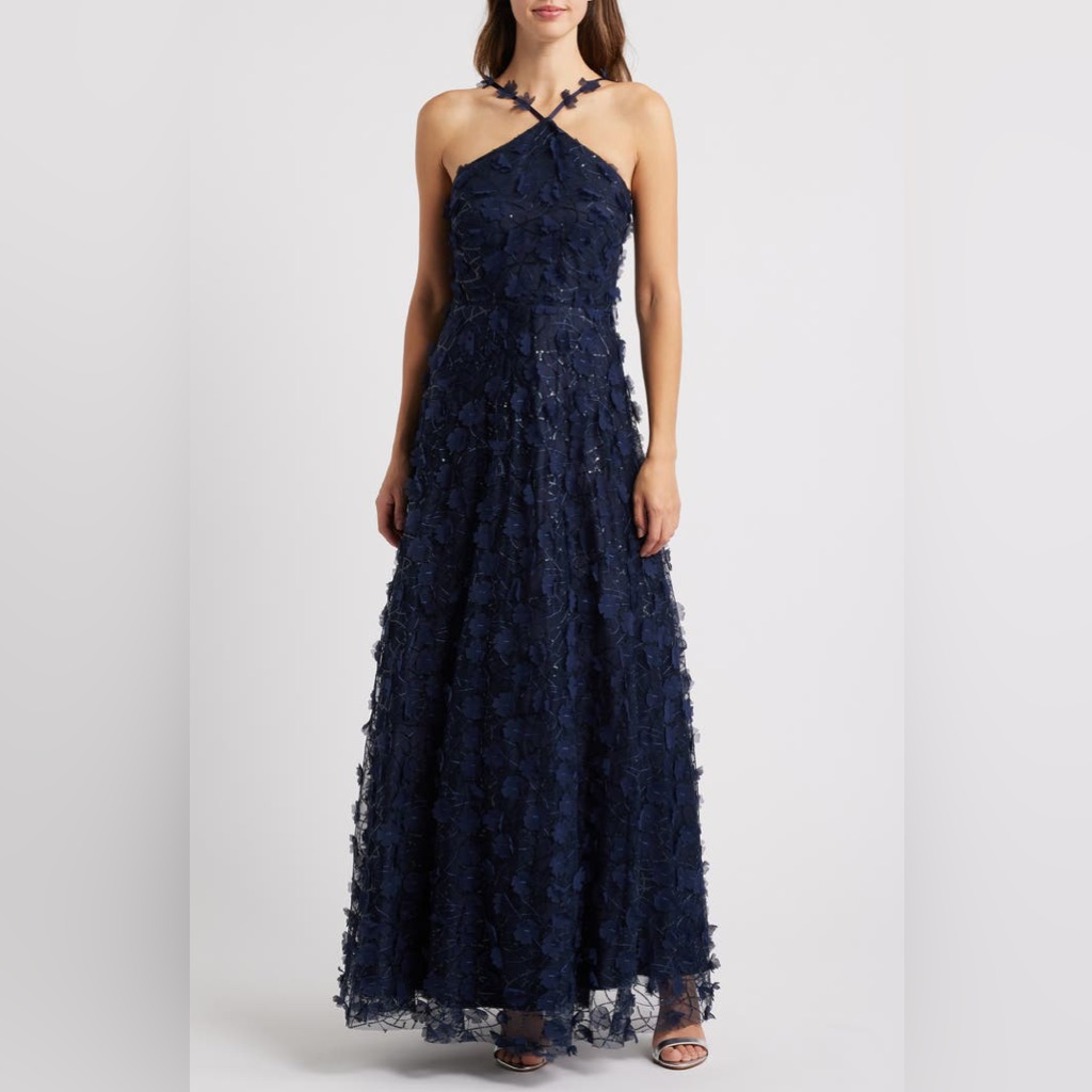 New | Eliza J | Floating Flow Floral Sequin Halter Ballgown | Sz 6